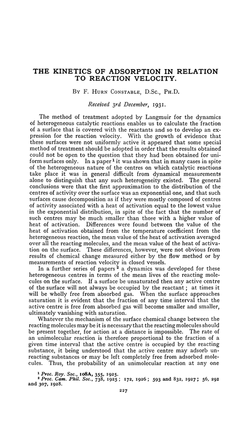 The kinetics of adsorption in relation to reaction velocity