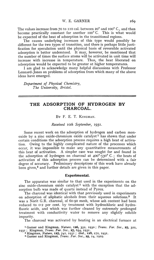 The adsorption of hydrogen by charcoal