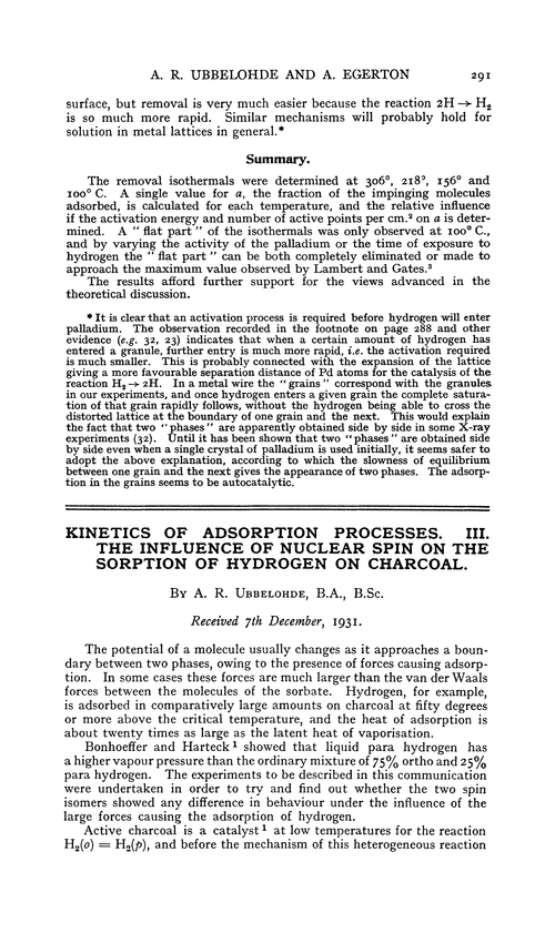 Kinetics of adsorption processes. III. The influence of nuclear spin on the sorption of hydrogen on charcoal