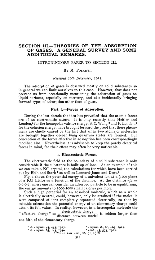 Section III.—Theories of the adsorption of gases. A general survey and some additional remarks. Introductory paper to section III