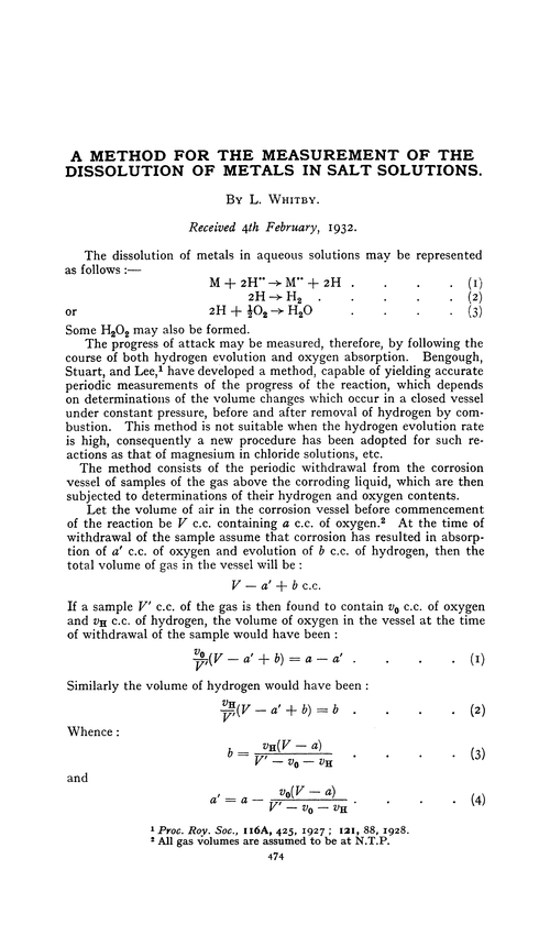 A method for the measurement of the dissolution of metals in salt solutions