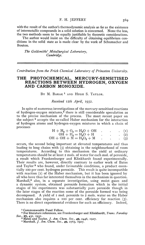 The photochemical, mercury-sensitised reactions between hydrogen, oxygen and carbon monoxide