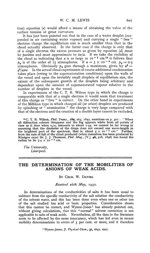 The determination of the mobilities of anions of weak acids
