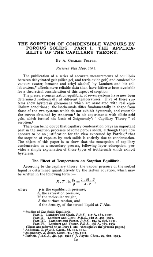 The sorption of condensible vapours by porous solids. Part I. The applicability of the capillary theory