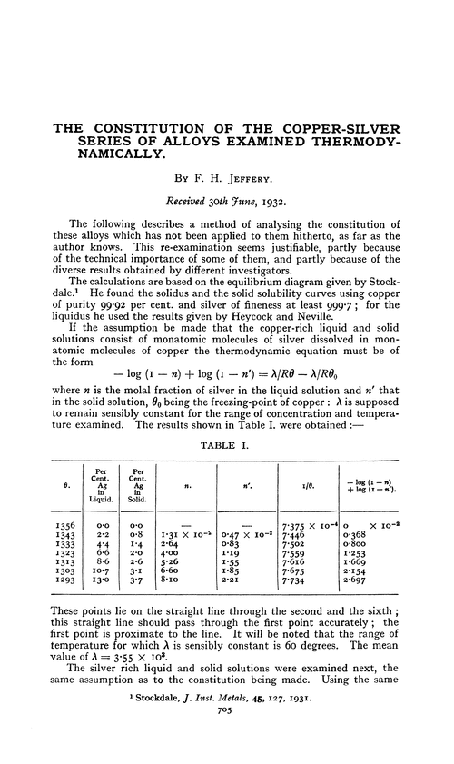 The constitution of the copper-silver series of alloys examined thermodynamically