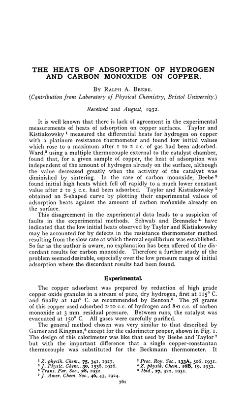 The heats of adsorption of hydrogen and carbon monoxide on copper