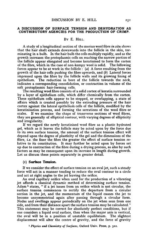 A discussion of surface tension and dehydration as contributory agencies for the production of crimp