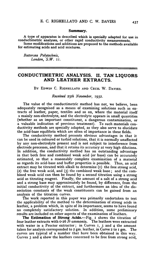 Conductimetric analysis. II. Tan liquors and leather extracts
