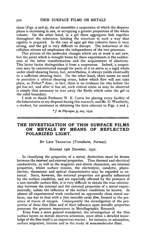The investigation of thin surface films on metals by means of reflected polarized light