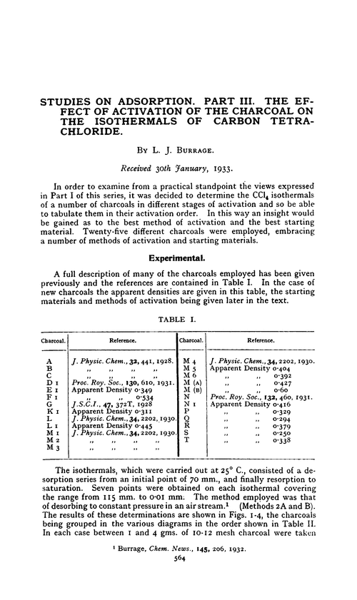 Studies on adsorption. Part III. The effect of activation of the charcoal on the isothermals of carbon tetrachloride