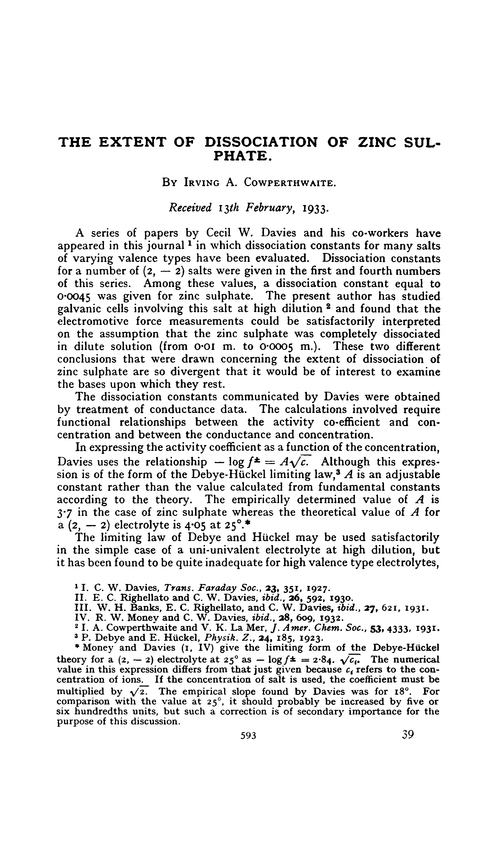 The extent of dissociation of zinc sulphate