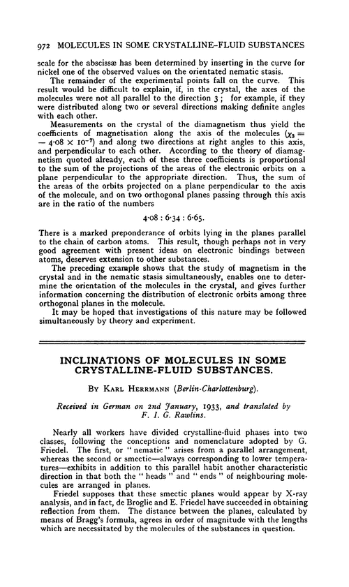 Inclinations of molecules in some crystalline-fluid substances