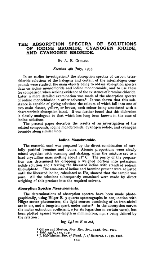 The absorption spectra of solutions of iodide bromide, cyanogen iodine, and cyanogen bromide