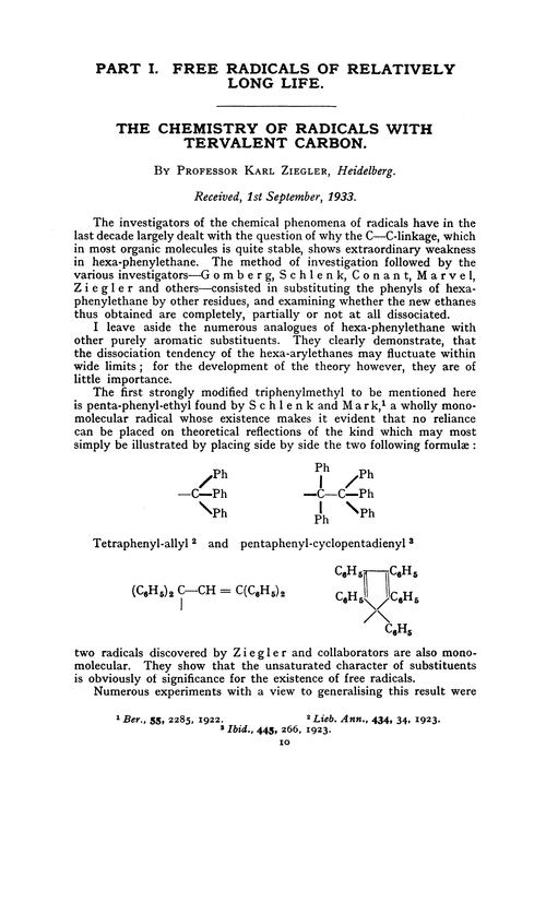 Part I. Free radicals of relatively long life. The chemistry of radicals with tervalent carbon