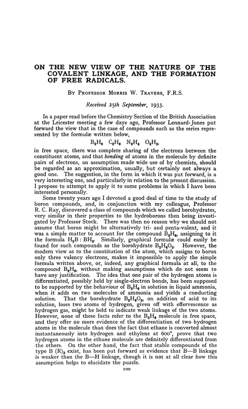 On the new view of the nature of the covalent linkage, and the formation of free radicals