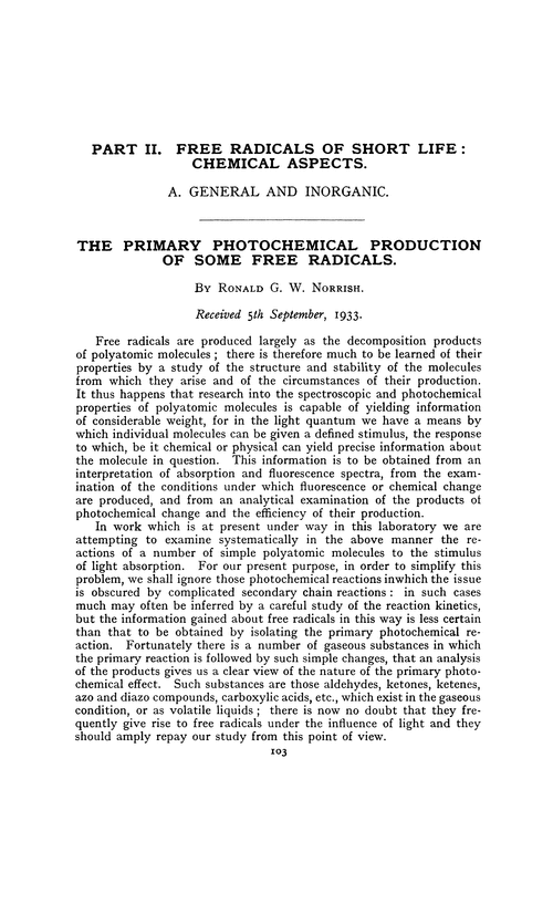 Part II. Free radicals of short life: chemical aspects. A. General and inorganic. The primary photochemical production of some free radicals