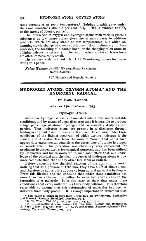 Hydrogen atoms, oxygen atoms, and the hydroxyl radical