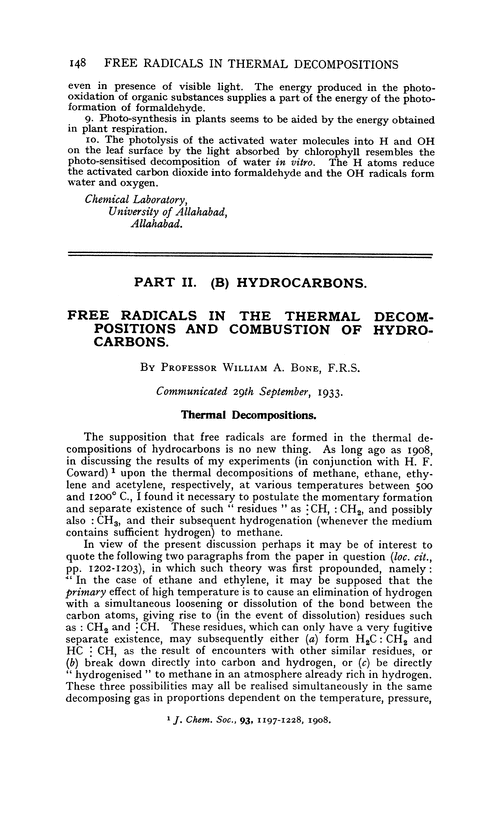 Part II. (B) hydrocarbons. Free radicals in the thermal decompositions and combustion of hydrocarbons