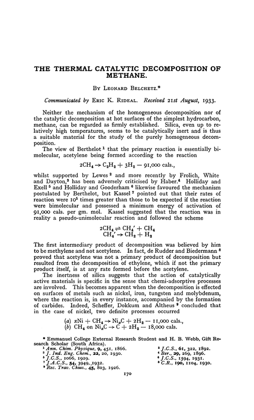 The thermal catalytic decomposition of methane