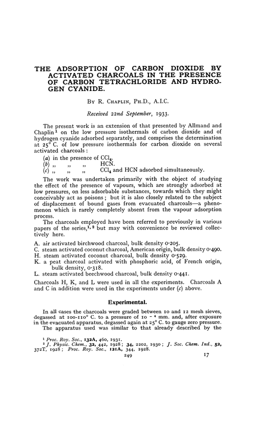 The adsorption of carbon dioxide by activated charcoals in the presence of carbon tetrachloride and hydrogen cyanide