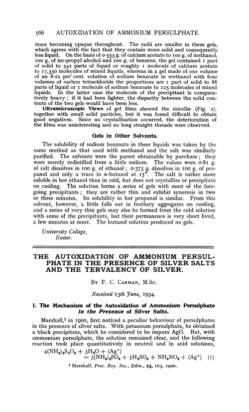 The autoxidation of ammonium persulphate in the presence of silver salts and the tervalency of silver