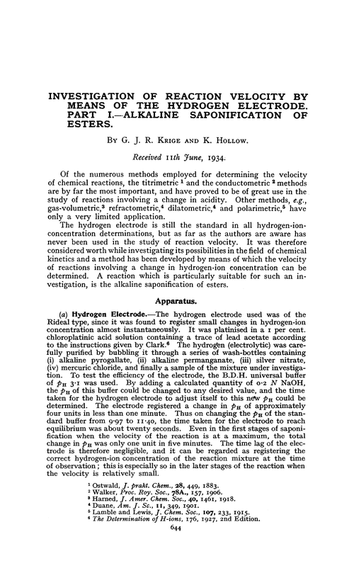 Investigation of reaction velocity by means of the hydrogen electrode. Part I.—Alkaline saponification of esters