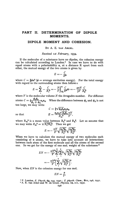 Part II. Determination of dipole moments. Dipole moment and cohesion