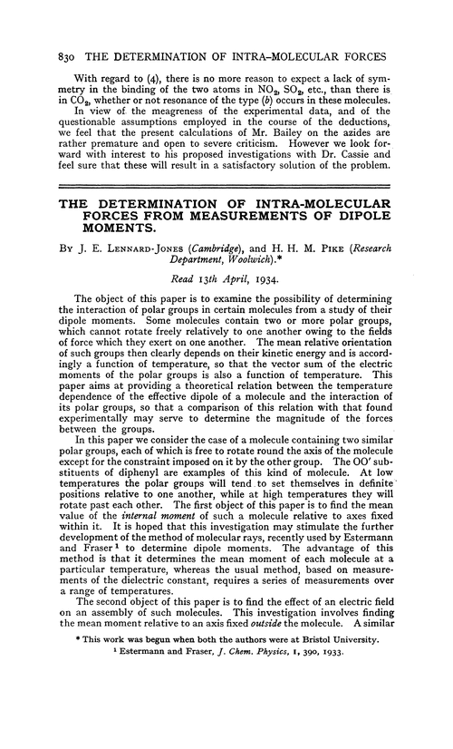 The determination of intra-molecular forces from measurements of dipole moments