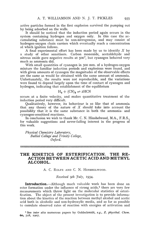 The kinetics of esterification. The reaction between acetic acid and methyl alcohol