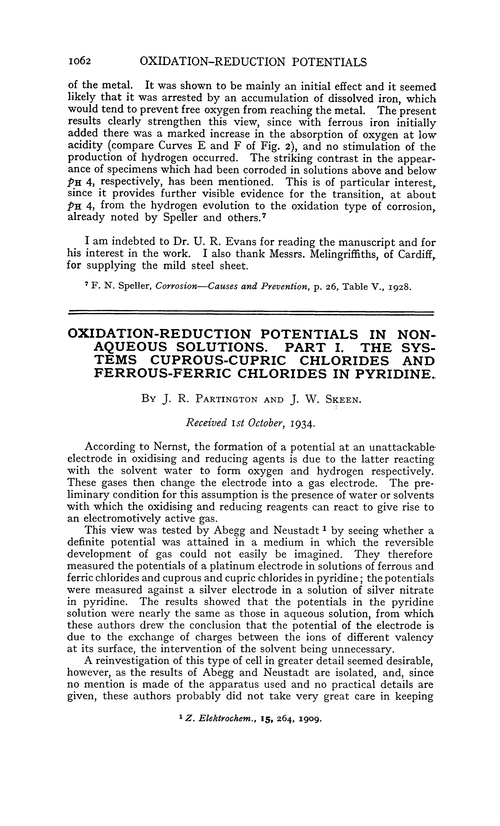 Oxidation-reduction potentials in non-aqueous solutions. Part I. The systems cuprous-cupric chlorides and ferrous-ferric chlorides in pyridine