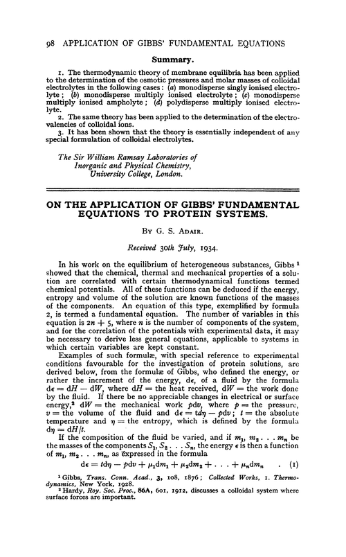 On the application of Gibbs' fundamental equations to protein systems