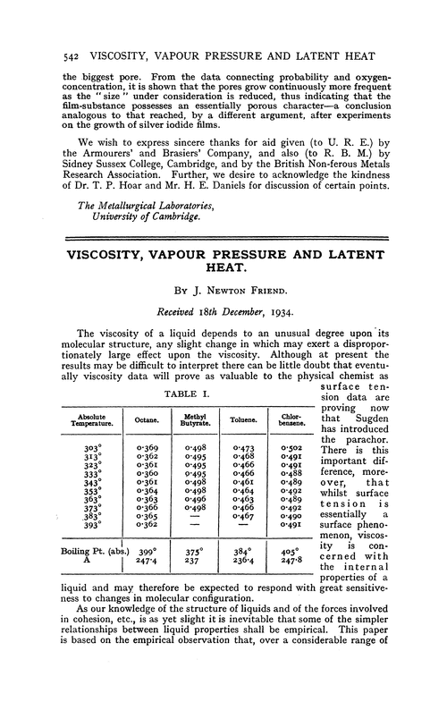 Viscosity, vapour pressure and latent heat