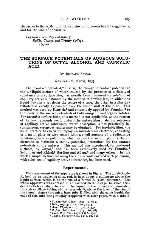 The surface potentials of aqueous solutions of octyl alcohol and caprylic acid