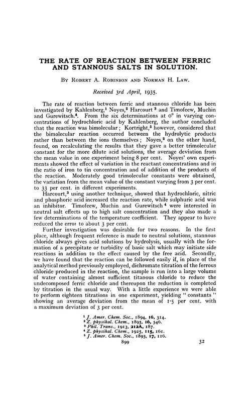 The rate of reaction between ferric and stannous salts in solution