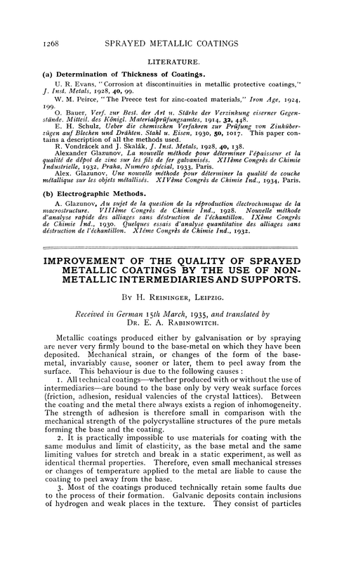 Improvement of the quality of sprayed metallic coatings by the use of non-metallic coatings by the use of non-metallic intermediaries and supports