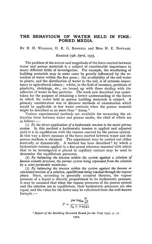 The behaviour of water held in finepored media