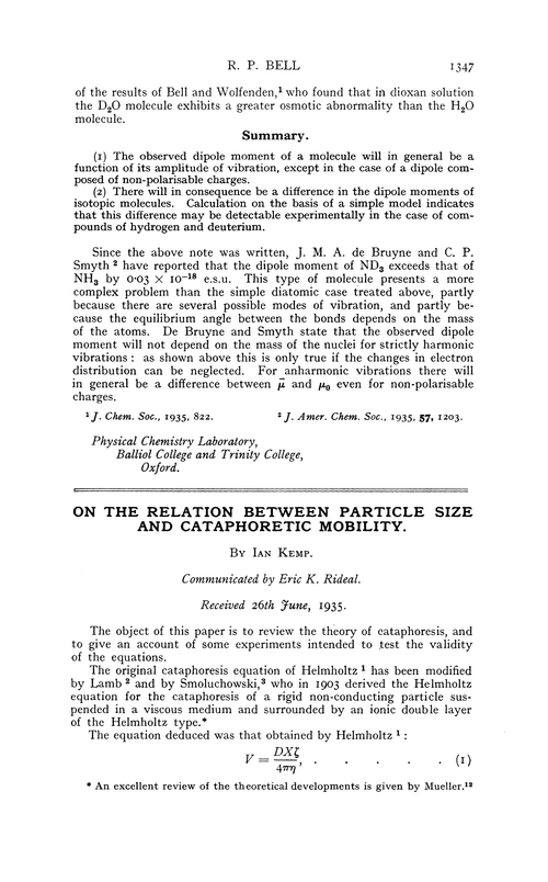 On the relation between particle size and cataphoretic mobility