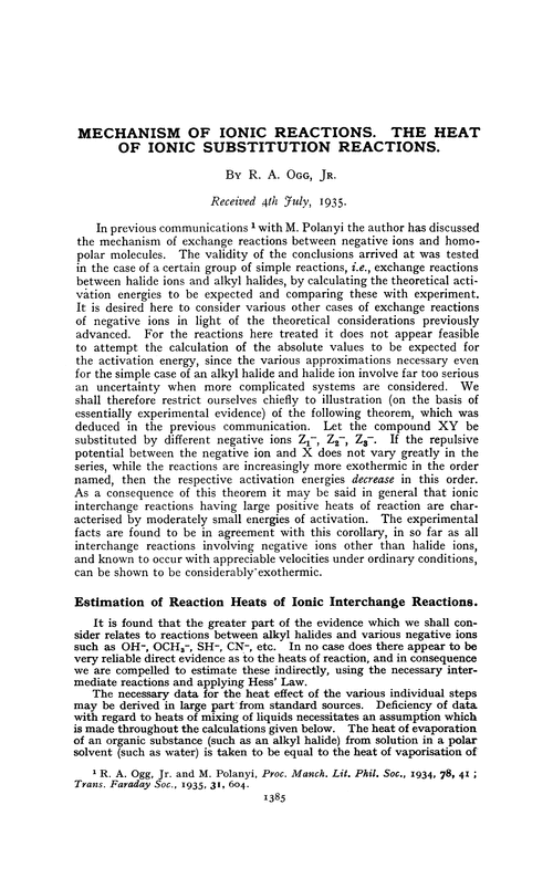 Mechanism of ionic reactions. The heat of ionic substitution reactions