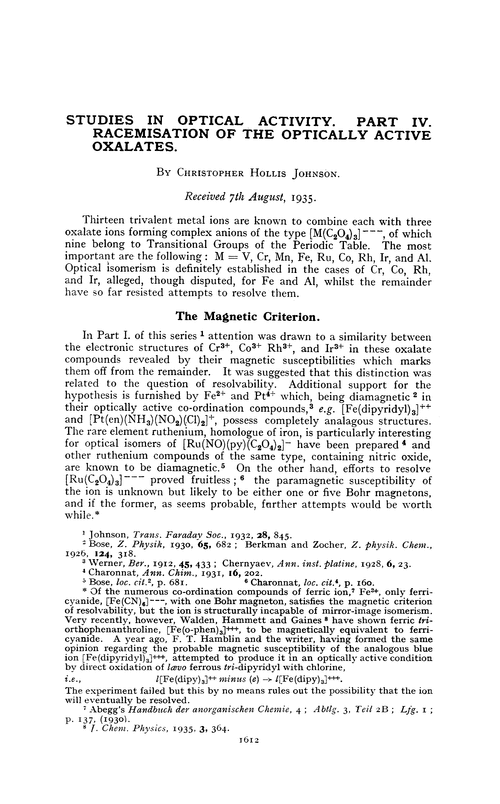 Studies in optical activity. Part IV. Racemisation of the optically active oxalates