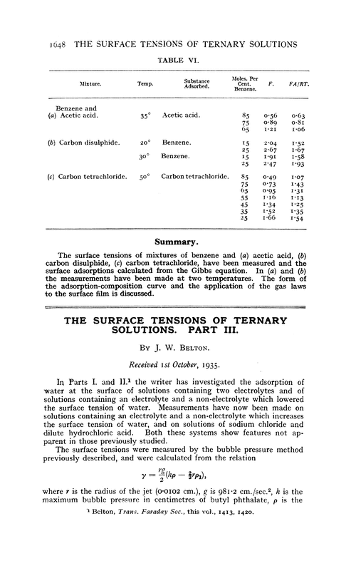 The surface tensions of ternary solutions. Part III
