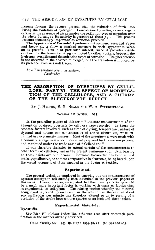 The absorption of dyestuffs by cellulose. Part VI. The effect of modification of the cellulose, and a theory of the electrolyte effect