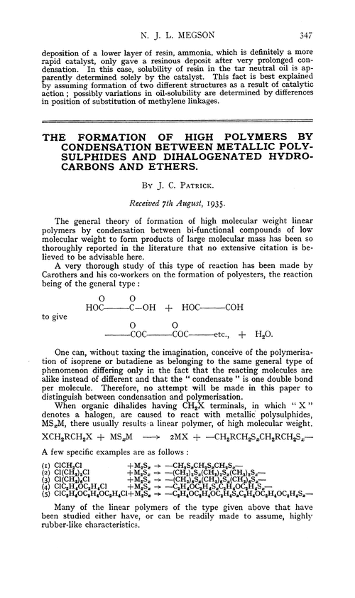 The formation of high polymers by condensation between metallic poly-sulphides and dihalogenated hydrocarbons and ethers