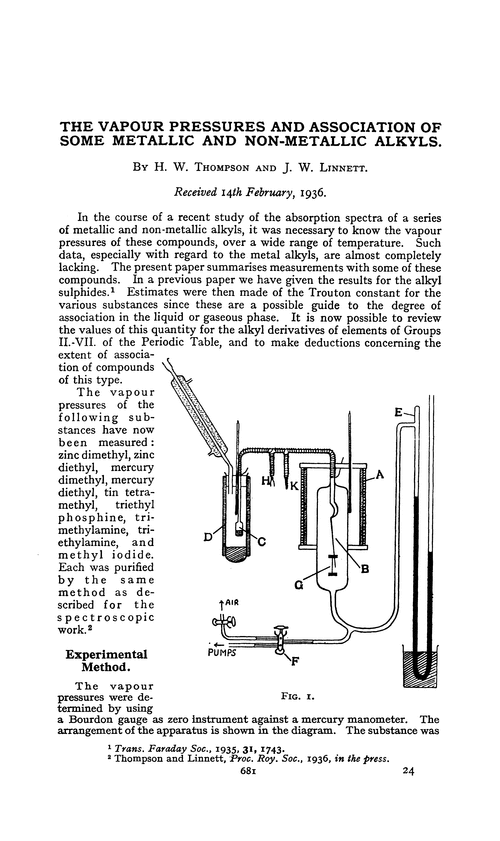 The vapour pressures and association of some metallic and non-metallic alkyls