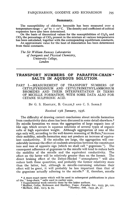 Transport numbers of paraffin-chain salts in aqueous solution. Part I.—Measurement of transport numbers of cetylpyridinium and cetyltrimethylammonium bromides and their interpretation in terms of micelle formation, with some data also for cetane sulphonic acid