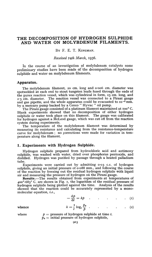 The decomposition of hydrogen sulphide and water on molybdenum filaments