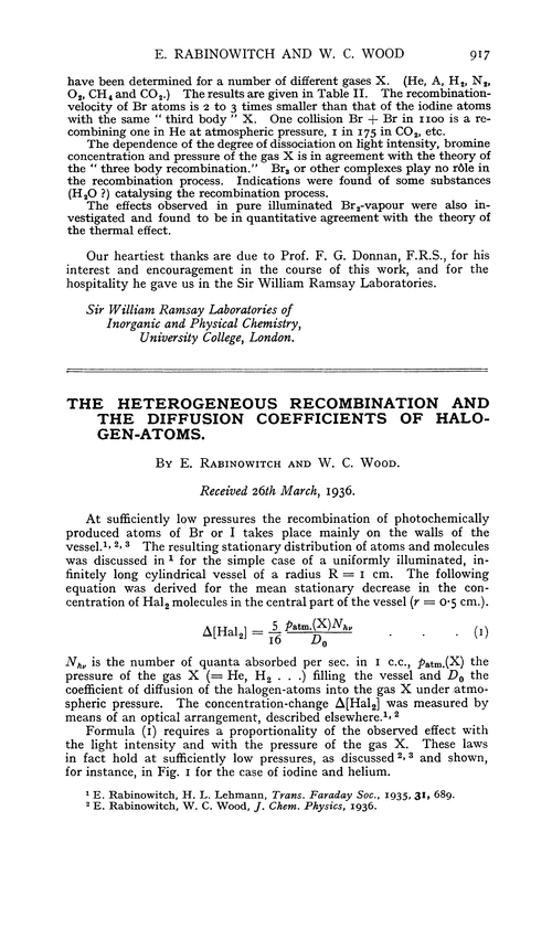 The heterogeneous recombination and the diffusion coefficients of halogen-atoms