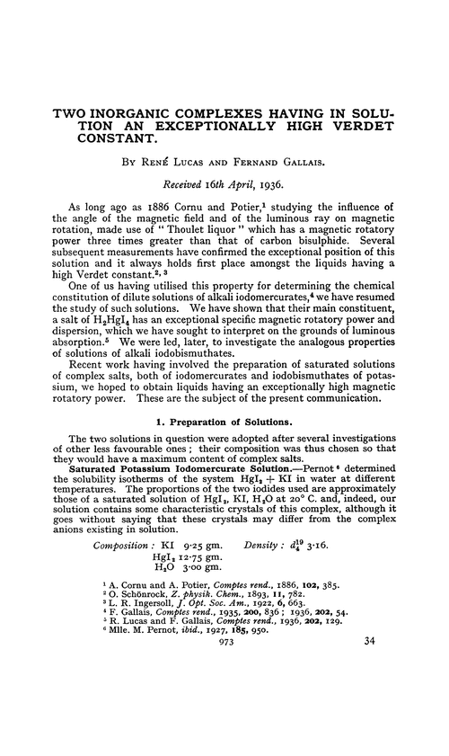 Two inorganic complexes having in solution an exceptionally high verdet constant