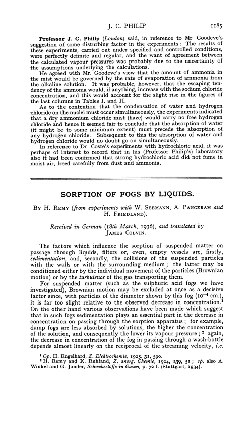 Sorption of fogs by liquids