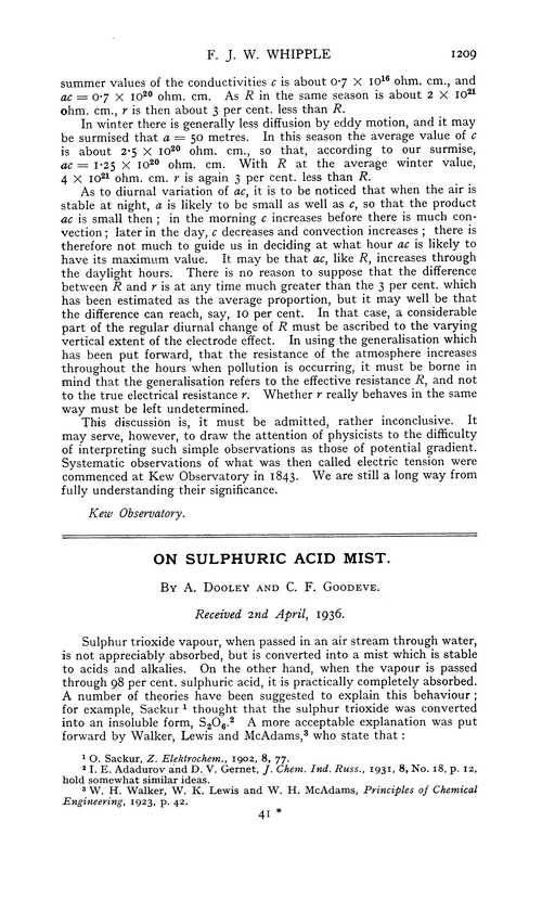 On sulphuric acid mist