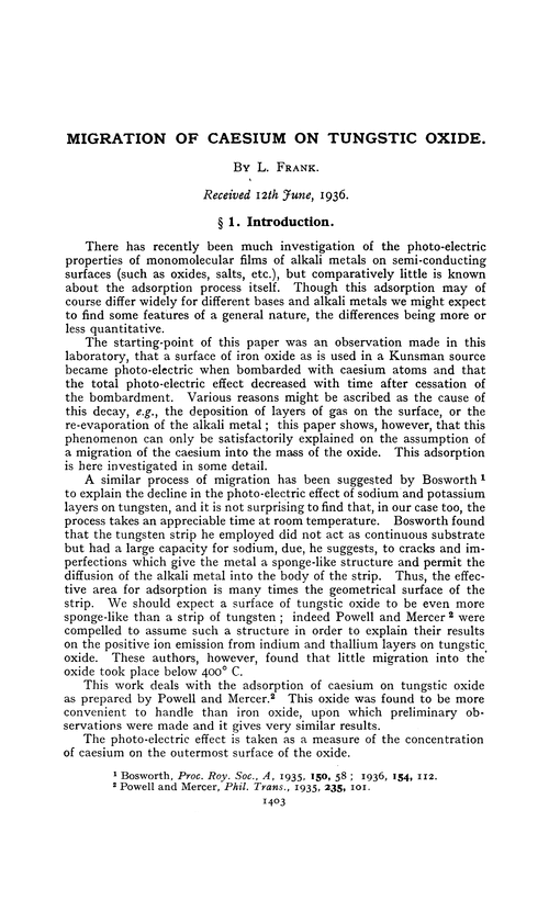 Migration of caesium on tungstic oxide